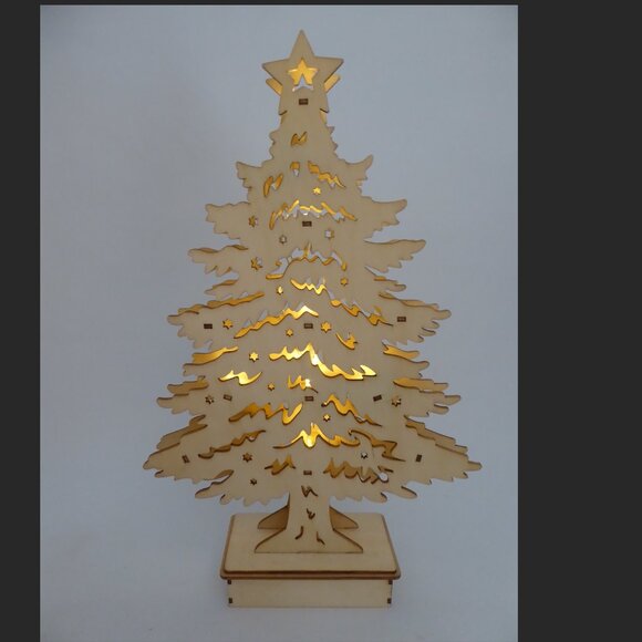 NEW 15” CHRISTMAS WINTER TREE LED LIGHT UP LASER CUT WOOD TREE LOT OF 3 - Picture 3 of 8